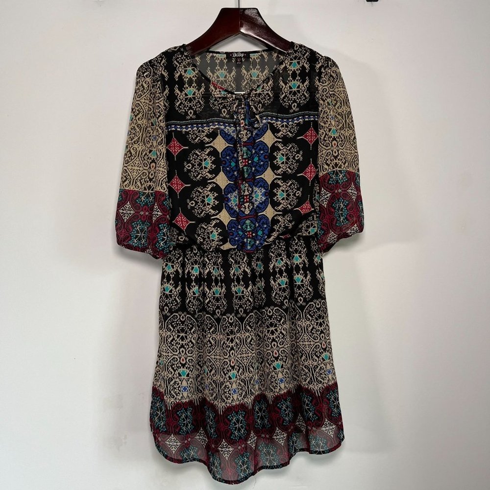 BeBop Black Print Sheer Mini‎ Dress Size Medium Boho Festival Dress